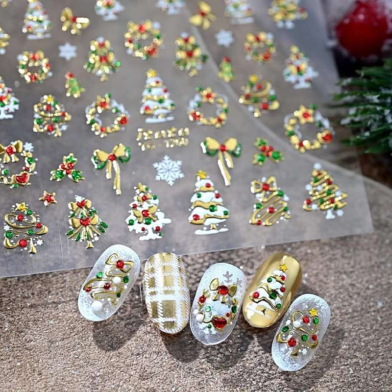 5D Embossed Gold Foil Xmas Tree Christmas Nail Stickers